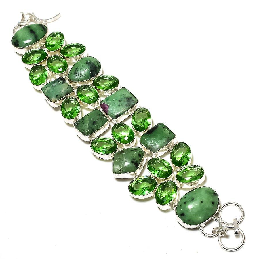 

Браслет ручной работы из серебра 925 пробы с рубиновым цоситом и перидотом, созданный в лаборатории, 7-8 дюймов P3c66