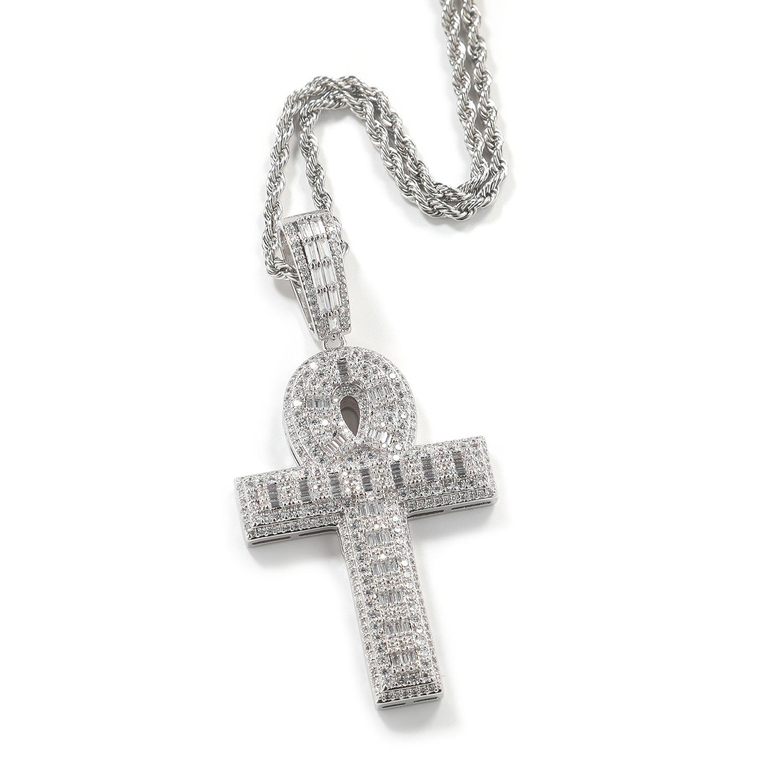 THE BLING KING Iced Two Tone Layered Ankh Pendant Paved Cubic Zirconia Cross Pendant Necklace Hiphop Jewelry For Gift Rope chain16inch серебряный