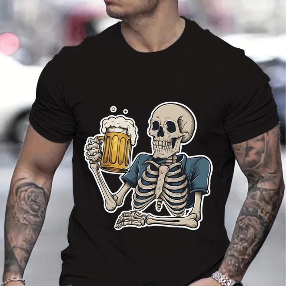 Cheering Skeleton Beer Print Men T-shirt Creative Skull and Beers Graphic Classic Tops Beer Lover Gifts Funny Summer T-shirt Men