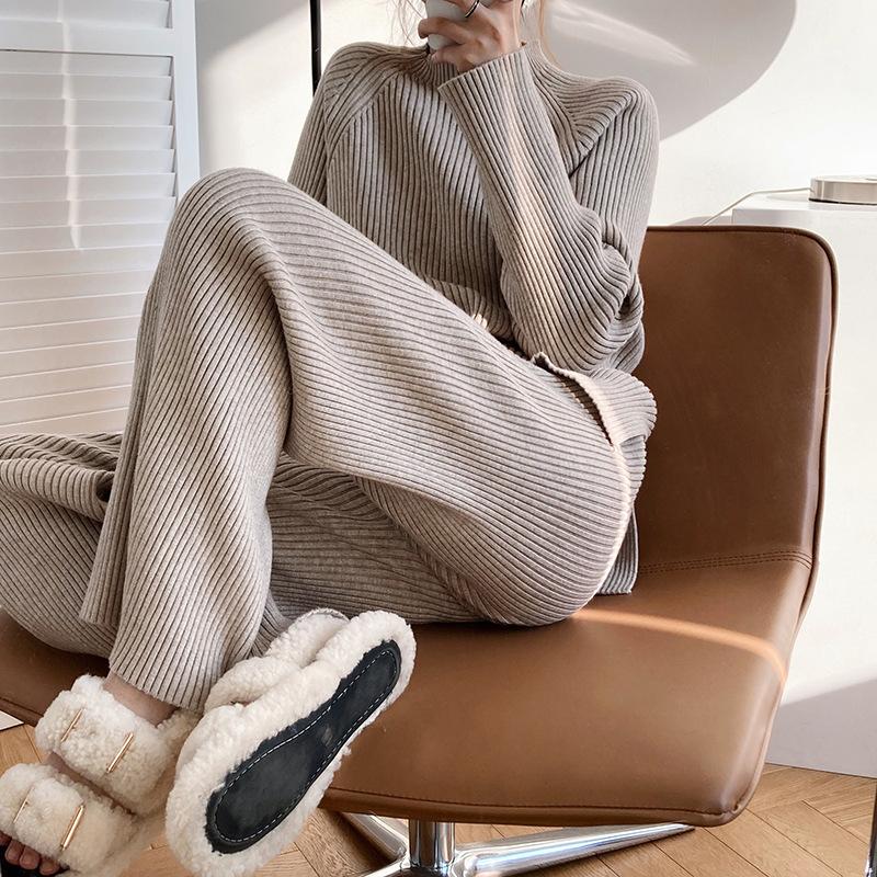 Side Slit Knitted Sweater Women Musilm Sets Warm Trousers Wide-leg Pants Two-piece Suit Elegant Femme Modest Islamic Clothing