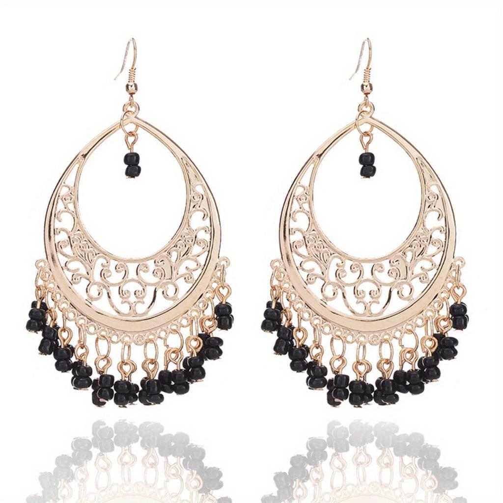 2pcs Bohemian Hollowed Out Rice Bead Tassel Women's Earrings for Vacation and Personalized Accessories
