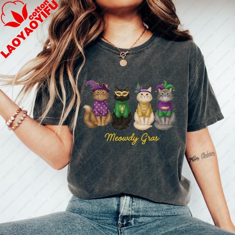 

Meowdy Gras Tshirt Cat Mardi Gras Sweatshirt Mardi Gras Festival Gift Cat Lover Hoodie Graphic T Shirts Women Clothing Y2k Top 3XL