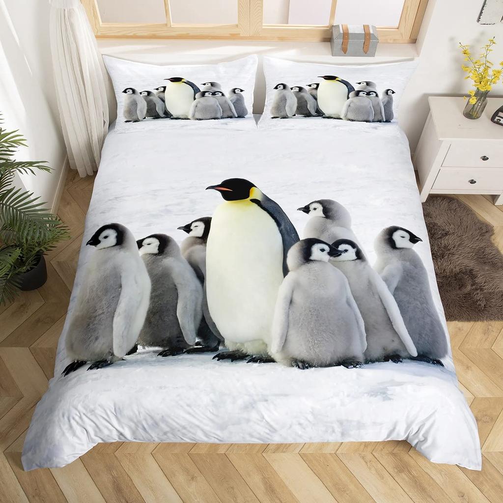 Cute Penguin Comforter Cover King Full Cartoon Animal Duvet Cover Watercolor Painting Bedding Set Antarctic Wildlife Quilt Cover