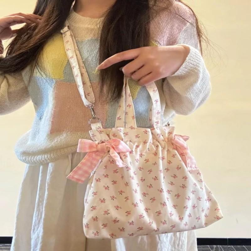 Simple Sweet Shoulder Bag Large Capacity Printed Tote Bag Fashion Sweet With Bowknot Storage Handbags Canvas Underarm Handbags