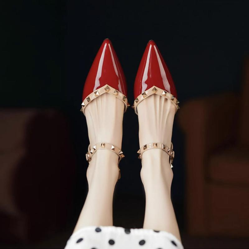 Fashion Ladies Shoes with Medium Heels Rivet Half for Office Work Closed Red Pointed Toe Women's Sandals Asian Size Footwear Vip Vintage