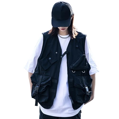 

[ZORZIND] Outdoor Black Functional Windproof Mesh Vest - Fishing, Hiking, Photography, Camping - Stylish Vest & T-Shirt Set - Unisex - Spring/Summer C