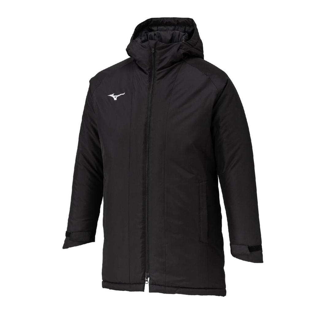 Mizuno Breath Thermo Insulated Training Black Mid-Length Coat, Heat-Generating Material, Water-Repellent, Windproof, 32MEC650,