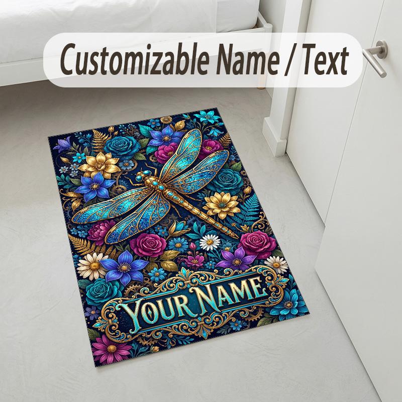 Dragonfly Dreams Bloom Theme Soft Crystal Velvet Rug Custom Name & Text Print Non Slip Floor Rug for Bedroom Living Room