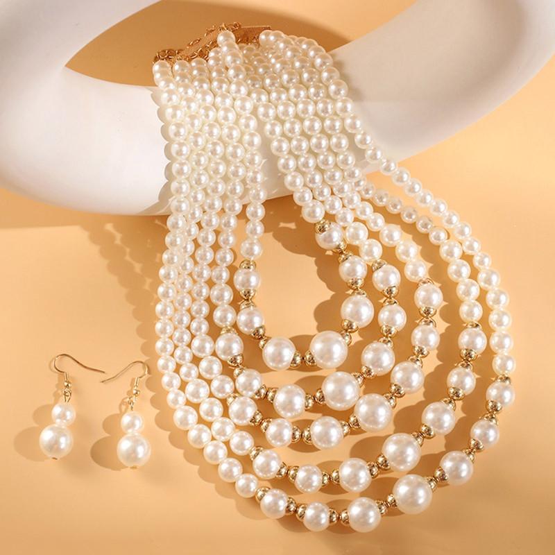 Kymyad  Sets Simulated Pearl Beads Multilayer Necklace Earrings Set For Women Bijoux Statement Collar Necklace Set