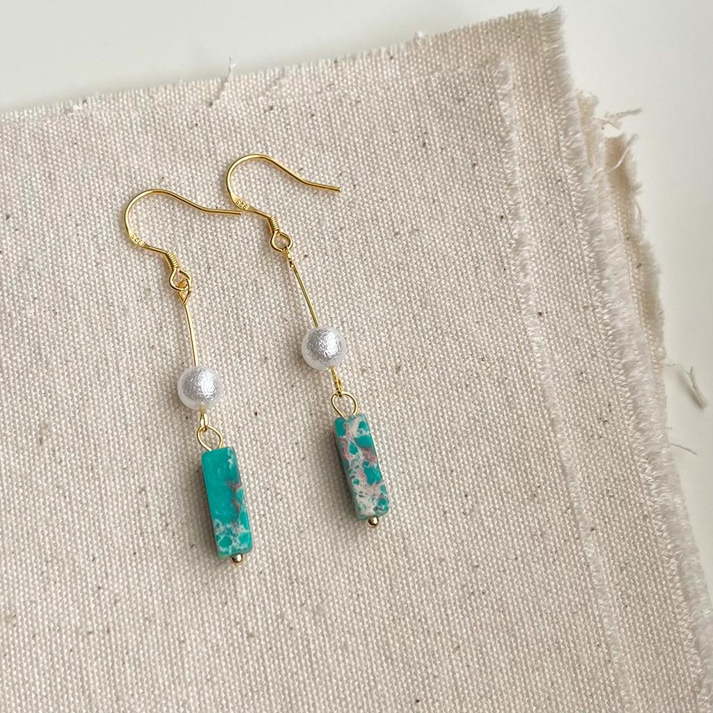 Sculptural Turquoise Earrings and Bracelet Set, Handmade Vintage Boho Jewelry, Unique Dainty Adjustable Retro Gift for Women, Coordinated Accessory