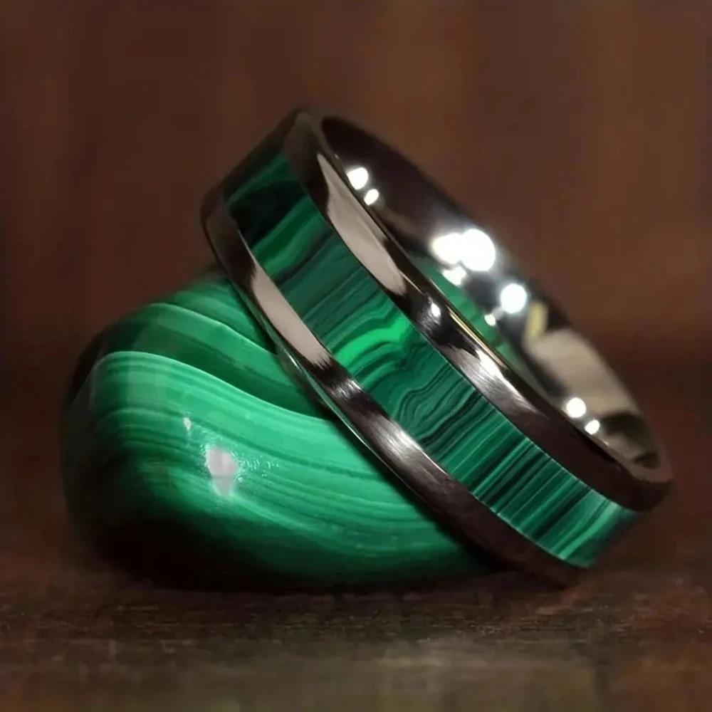 New 8MM Green Stainless Steel Wood Inlay Protein Abalone Shell Steel Ring Women Wedding Party Jewelry Anniversary For Gift