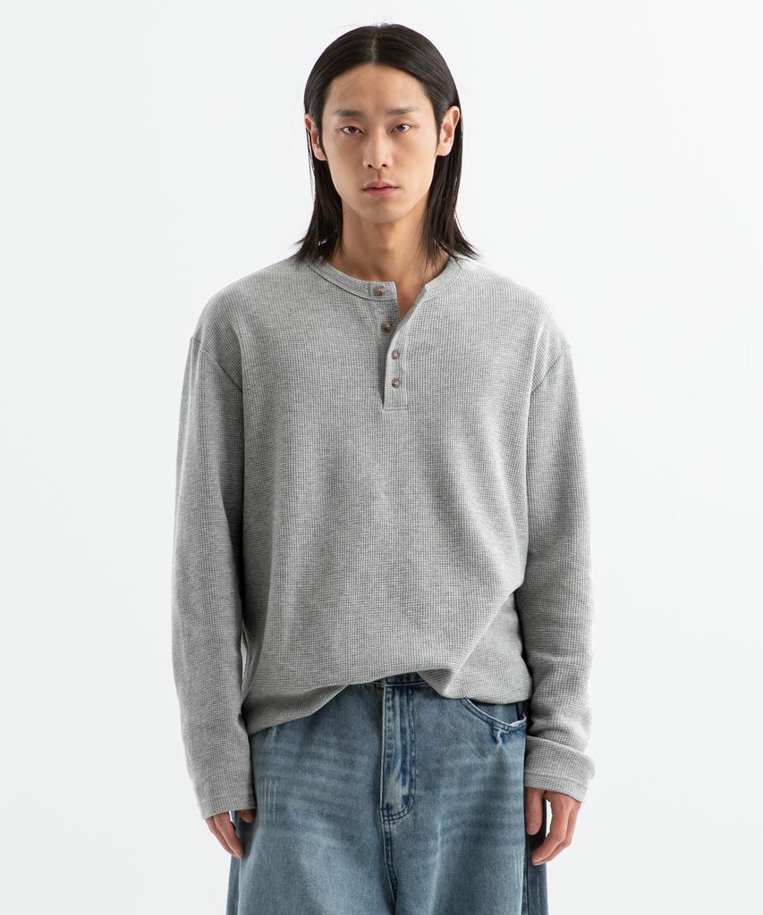 BRENSON (Waffle) Loose Fit Waffle Henley Neck Long Sleeve Tee (4 Colors)