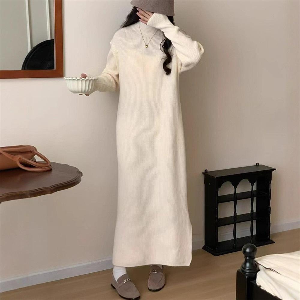 Solid color versatile semi-turtleneck knitted dress women's autumn and winter new loose inner matching coat sweater long dress