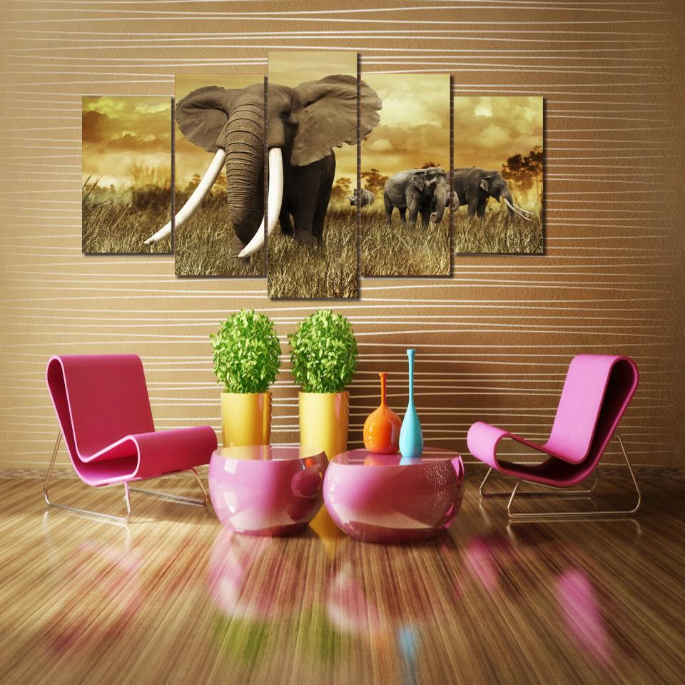 Modern Printed Poster Wall Art Modular 5 panel Africa Elephants Landscape Frame Pictures Home Decor Living Room Canvas Painting