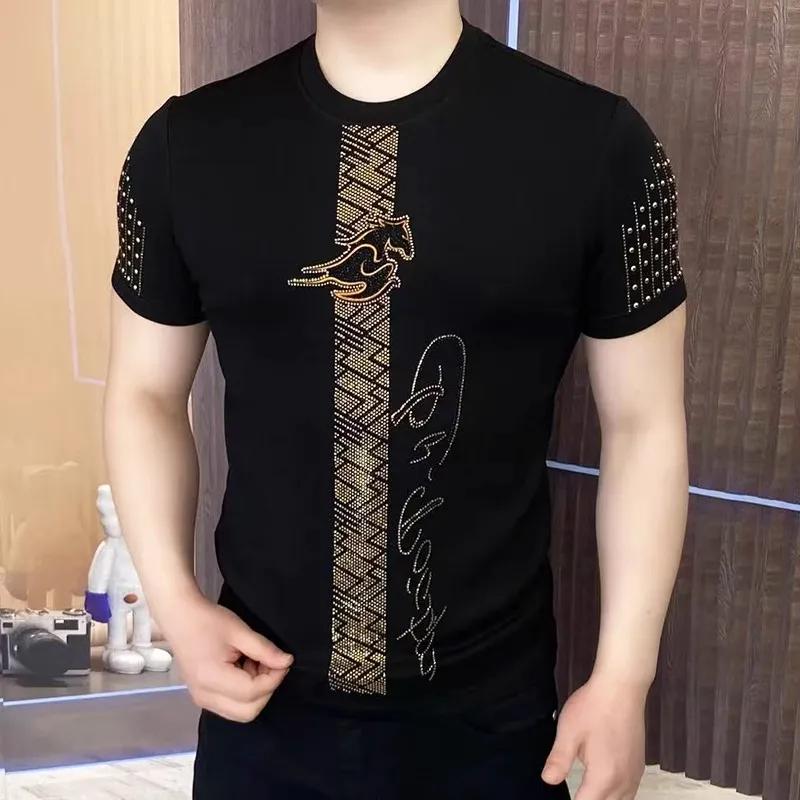 Men s Summer Round Neck Rhinestone Short Sleeve T-Shirt Youth Slim Fit Short Sleeve Pullover Top XS