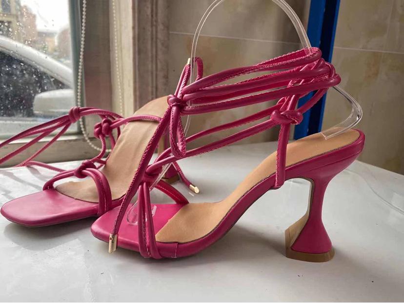 2021 Women's Fashion High Heels: Apricot Roman Lace-up, Thin and Thick Heels, Summer Square Toe, Large Size
