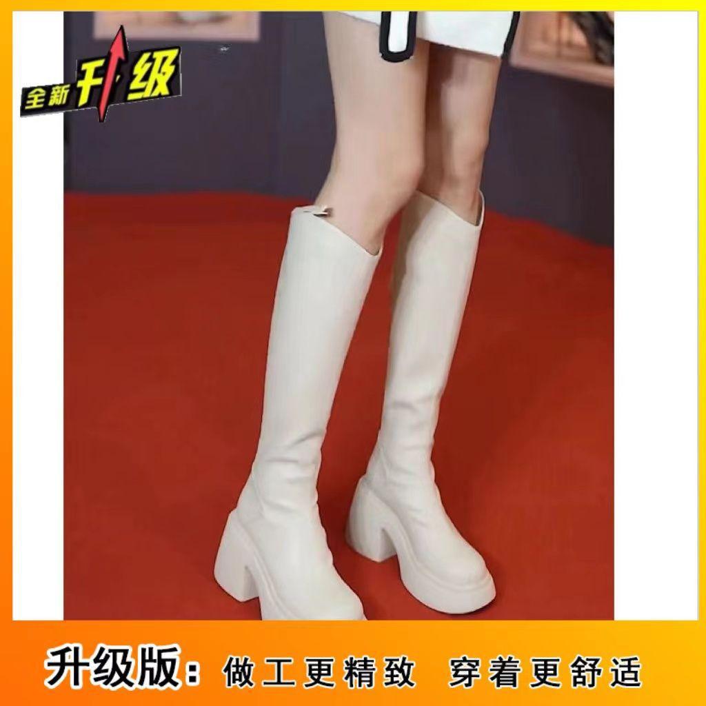 Thick heel platform boots women's 2025 autumn and winter new high heel boots V-mouth temperament but knee knight boots rear zipper