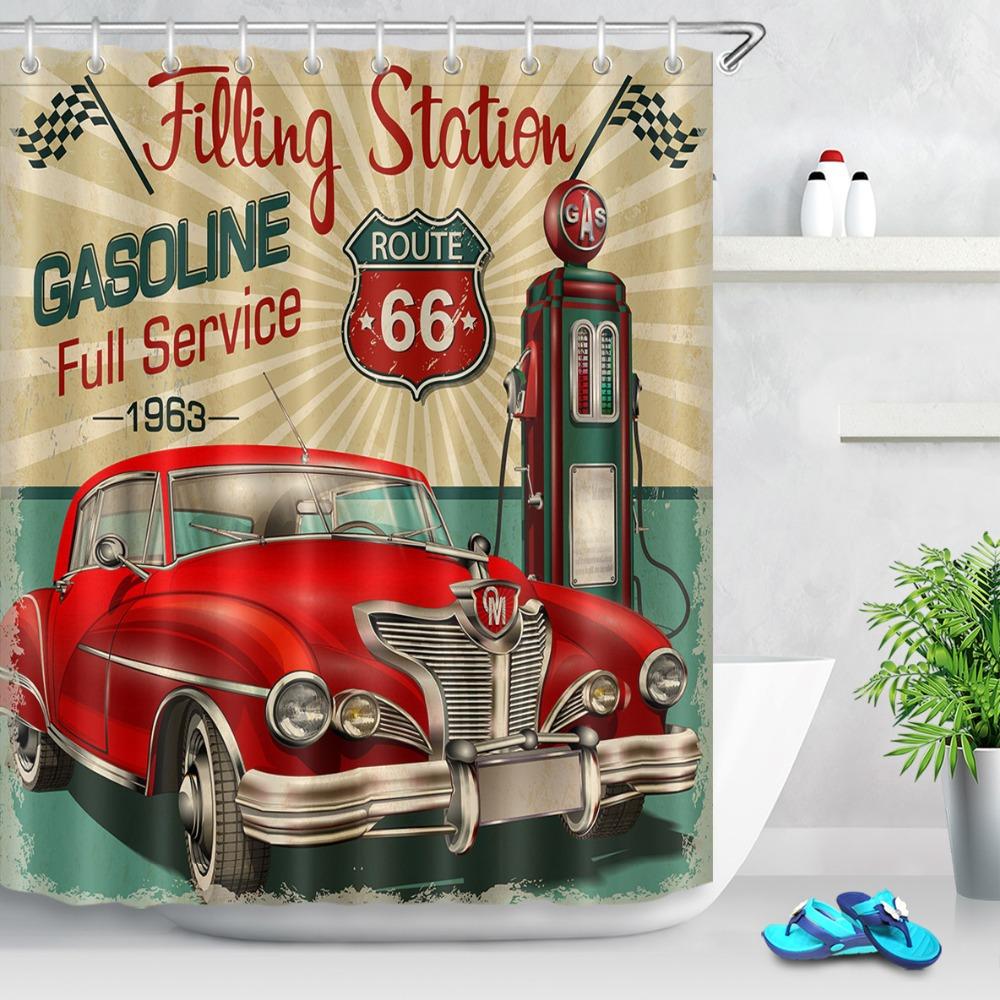 Car Travel Through America Retro Trip Sexy Girl Shower Curtain Set Route 66 Bathroom Fabric Curtains For Bathtub Decor With Hook