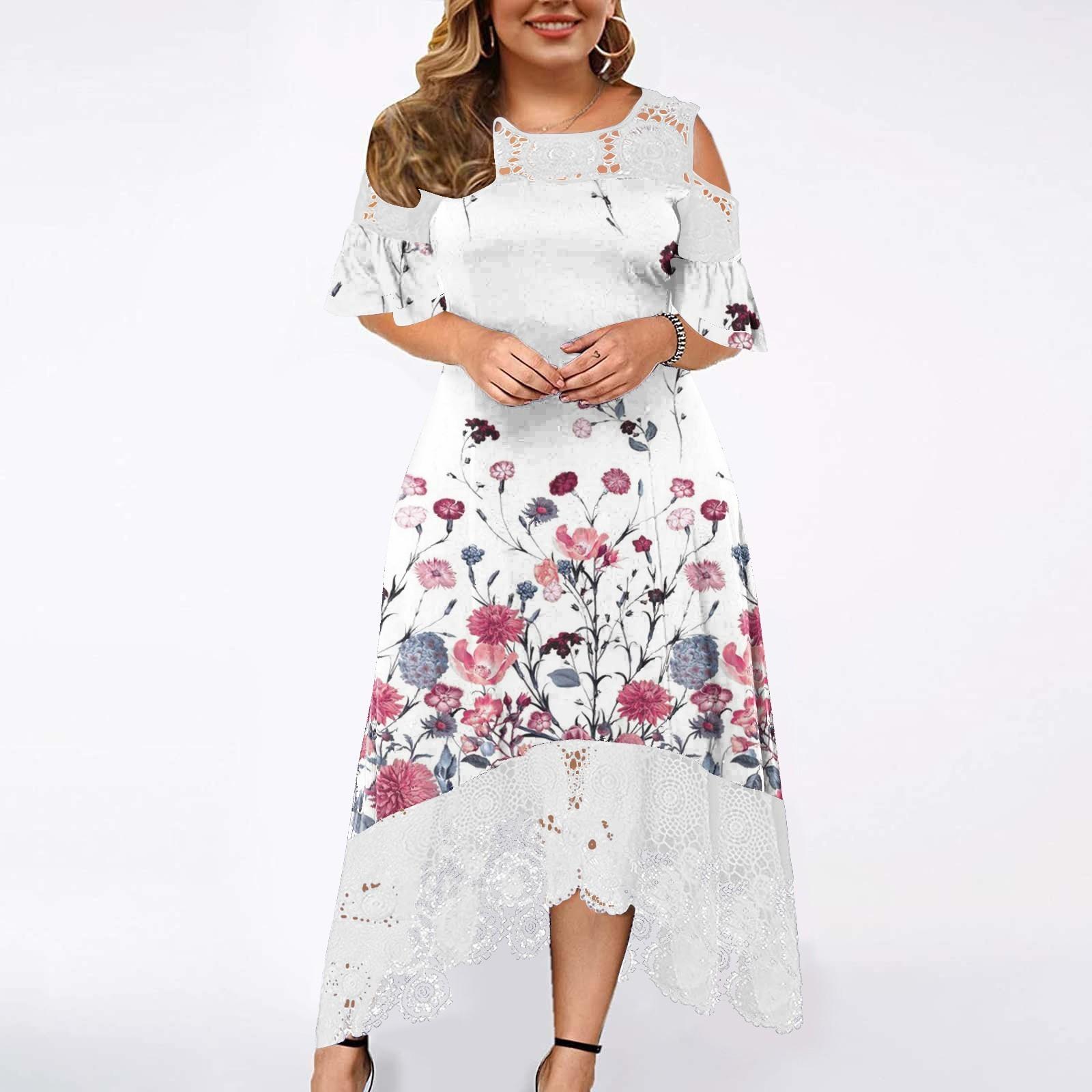 

(Кунід) Модне плаття великого розміру Сукня з мереживними швами і рюшами з короткими рукавами без бретелей XXL білий