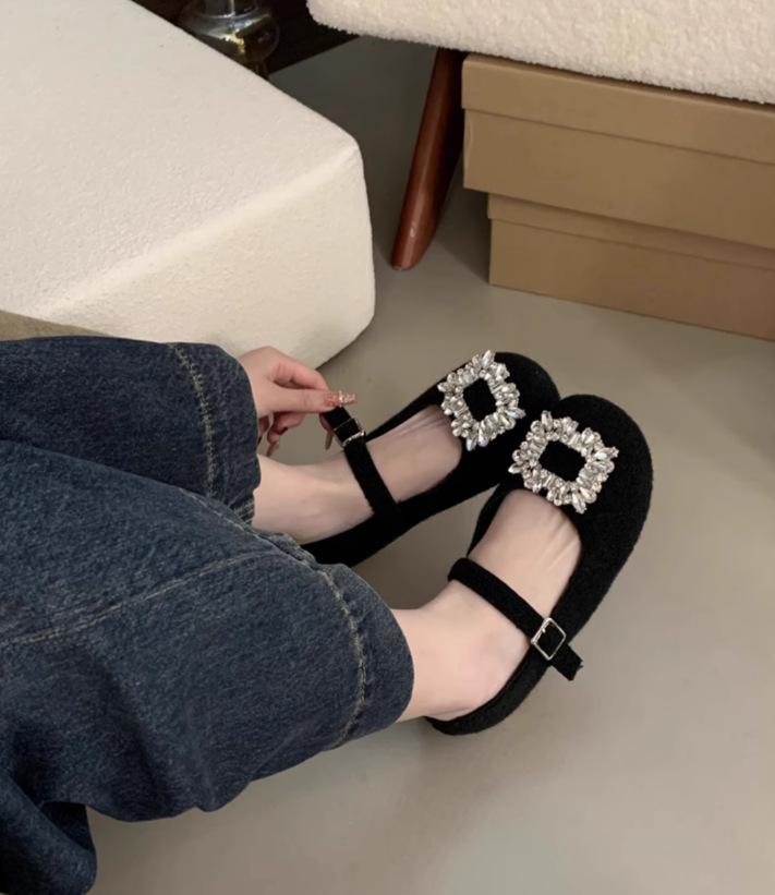 Suding Home! Flat Gray Felt Square Head Rhinestone Single Shoes Women's 2025 Autumn and Winter Plush Mary Jane Mao Shoes