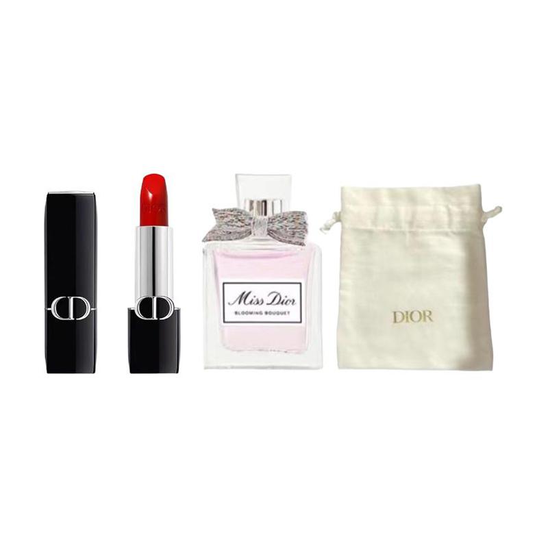 DIOR Perfume Vibrant Blue Gold Lipstick Sample Makeup Trial Set Velvet Satin Brightening #SATIN999+Flower Eau de Toilette 5ml+ Gold Label Small Bag синий