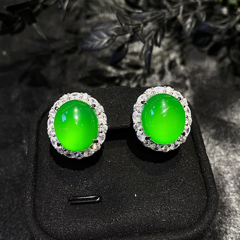 BELLA BOX Natürliches Eis Transparenter Grüner Achat Chalcedon Ovales Ei Gesicht Voller Diamant Ohrstecker Für Frauen Mit Hochwertigen Ohrringen