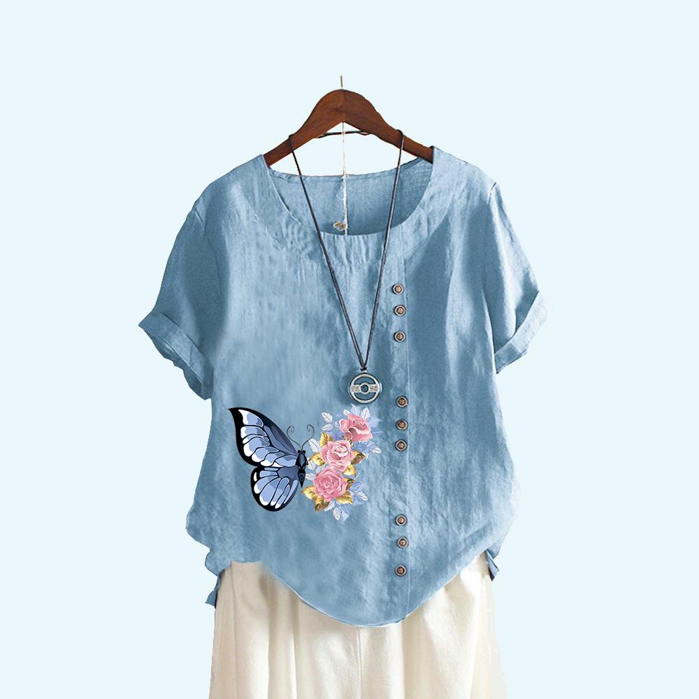 

Женская модная футболка с коротким рукавом и принтом бабочки, летняя повседневная пуловер с круглым вырезом, свободные хлопковые льняные блузки 5XL светло-синий