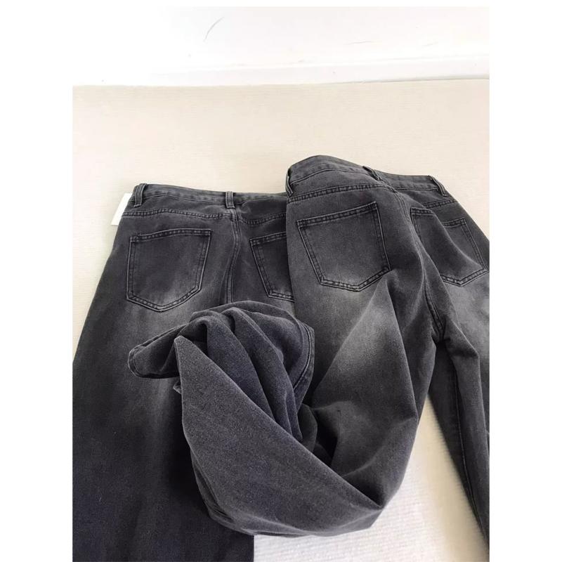 Lady Retro Black Gray High Waist Jeans Pants Women Fashion Straight Leg Denim Trousers Girls Loose Fit Thin Casual Pants