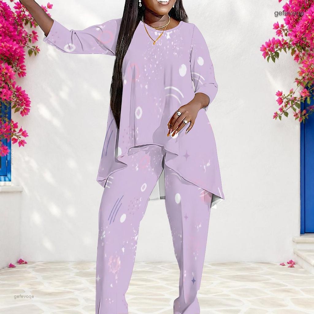 Women Plus Size Round Neck Long Sleeve Blue Black Printed Layered Top Long Pants Two Piece Set
