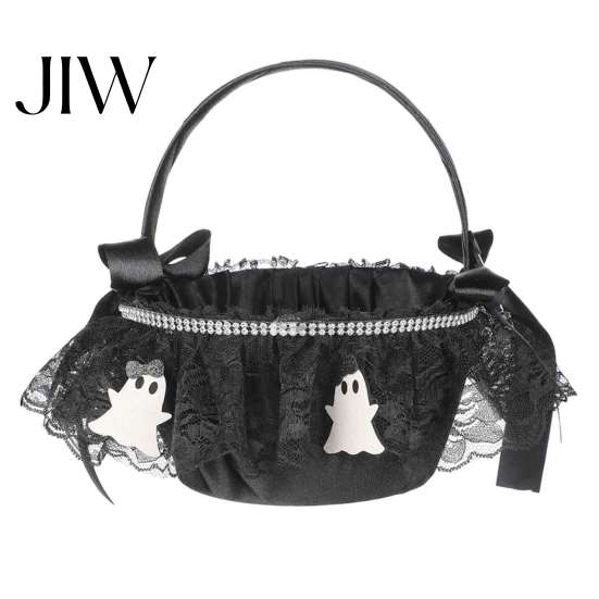 Kids Candy Hunting Pail Black Flower Girl Basket with Handle And Satin Bow, Gothic Lace Skeleton Halloween Snack for Wedding, Bridal Shower, D