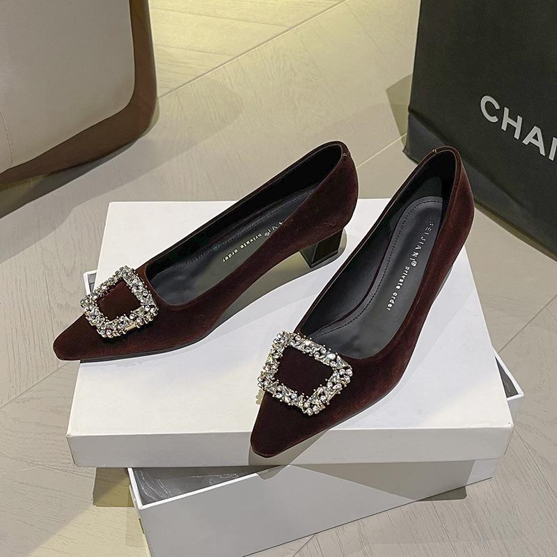 5168-13 Senior Design Sense Rhinestone Square Buckle Cashmere Square Head Temperament High Heels Thick Heel Single Shoes Red