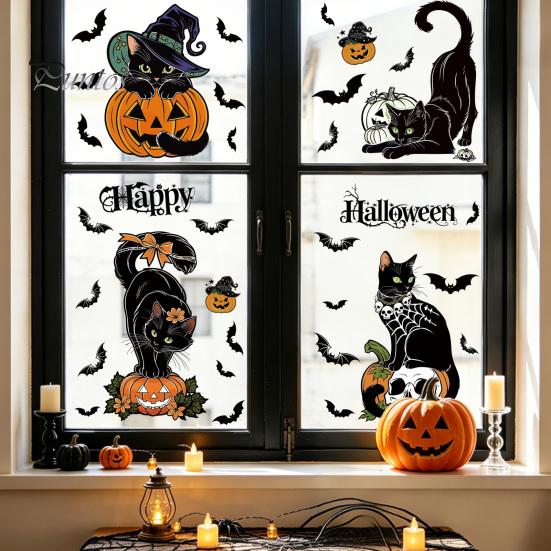 Glue Free Window Sticker 4 Sheets Halloween Black Cat Clings, Spooky Pumpkin Reusable Decorative Mirror Cling Sticker, Double Sided Static Decals for