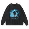 Dark Washed Vintage Anime Print Streetwear Hoodie Men - Retro Black Cotton Crewneck Sweatshirt Fall Casual Wear