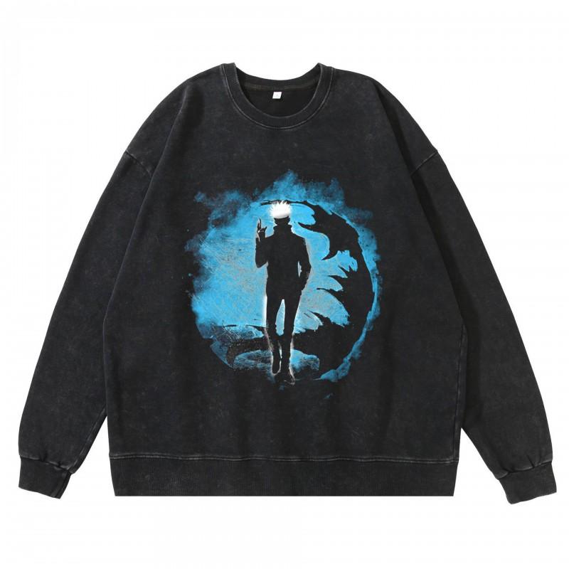 Dark Washed Vintage Anime Print Streetwear Hoodie Men - Retro Black Cotton Crewneck Sweatshirt Fall Casual Wear