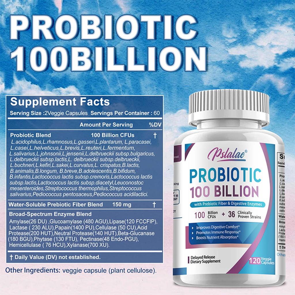 PROBIOTIC Capsules - 100 Billion CFUS - Contains Prebiotic Fiber & Digestive Enzymes - Boosts Immune Response & Nutrient Absorption