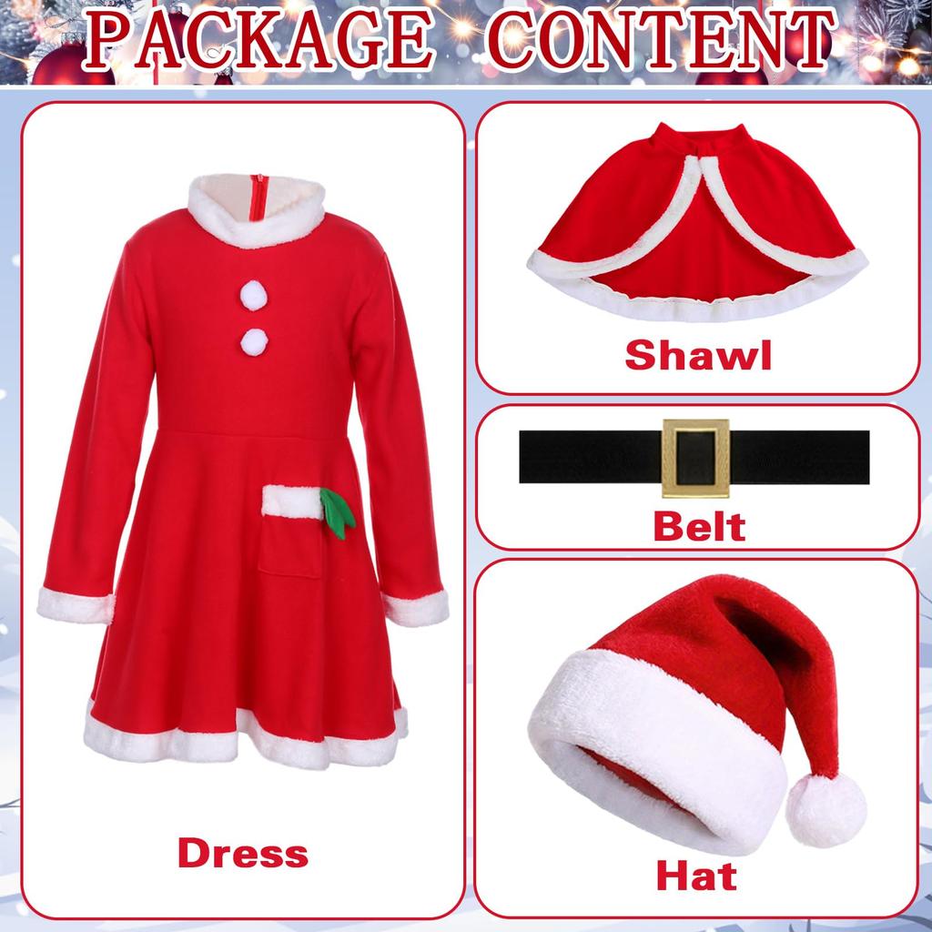 Joyesplay Christmas Cosplay Kids Santa Dress Santa Claus Christmas Outfit for Santa School Stage Commemorative Gift 4-Piece Set, Costume, Girls,