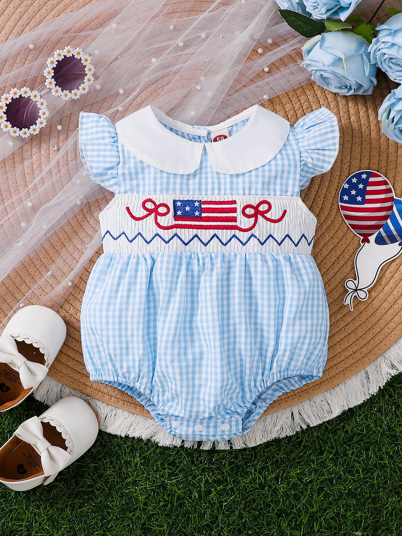 

Baby Girl Blue Gingham Patriotic Smocked Romper, Peter Pan Collar American Flag Embroidery Bubble Outfit 59/66/73/80/90 baby голубой