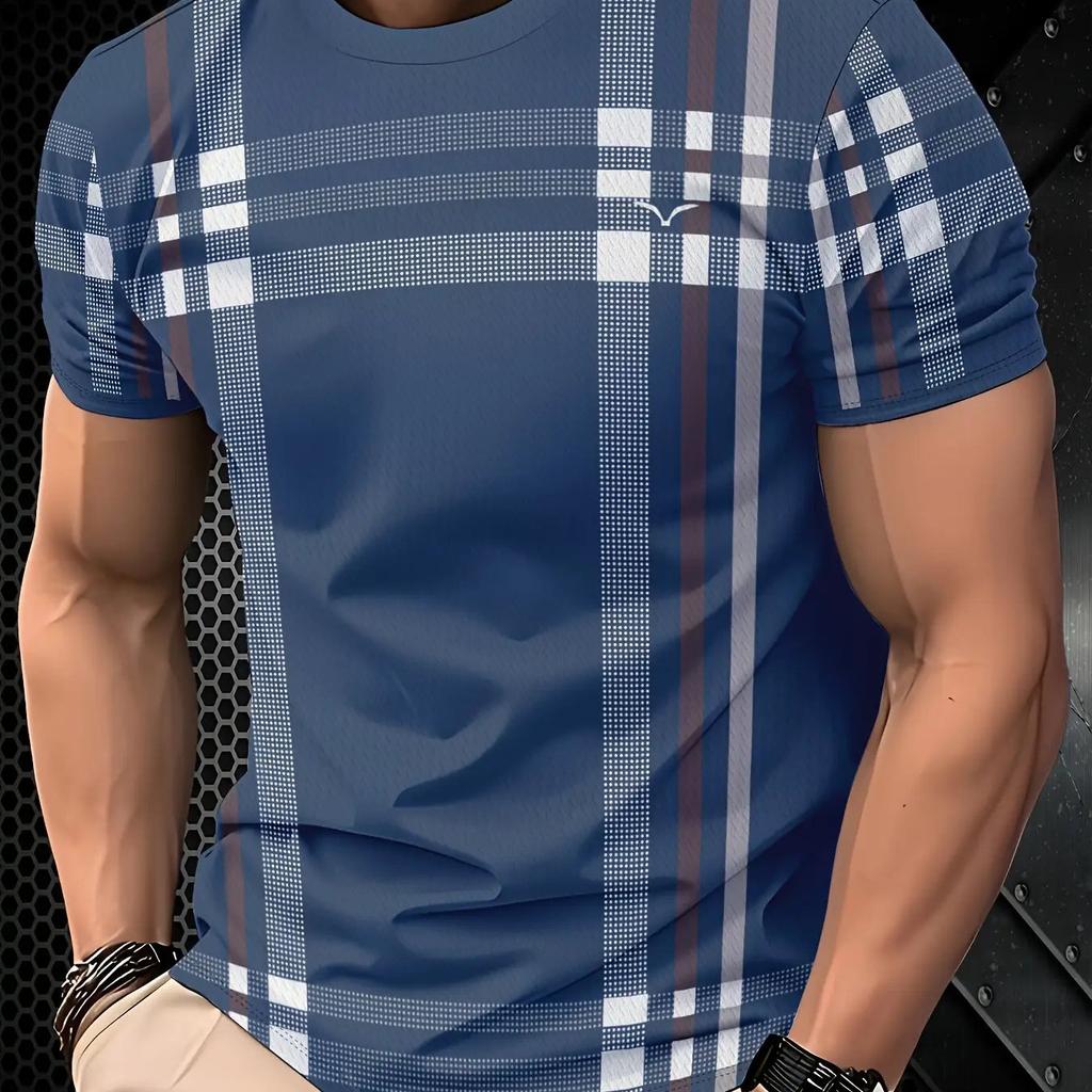 Men's Blue Checkered Geometric Printed T-shirt | Fashionable Short Sleeve