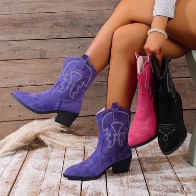 2025 neue kurze Western-Cowboystiefel Wildleder dicker Absatz spitz V-Ausschnitt dünner britischer Stil Retro Kurzstiefel