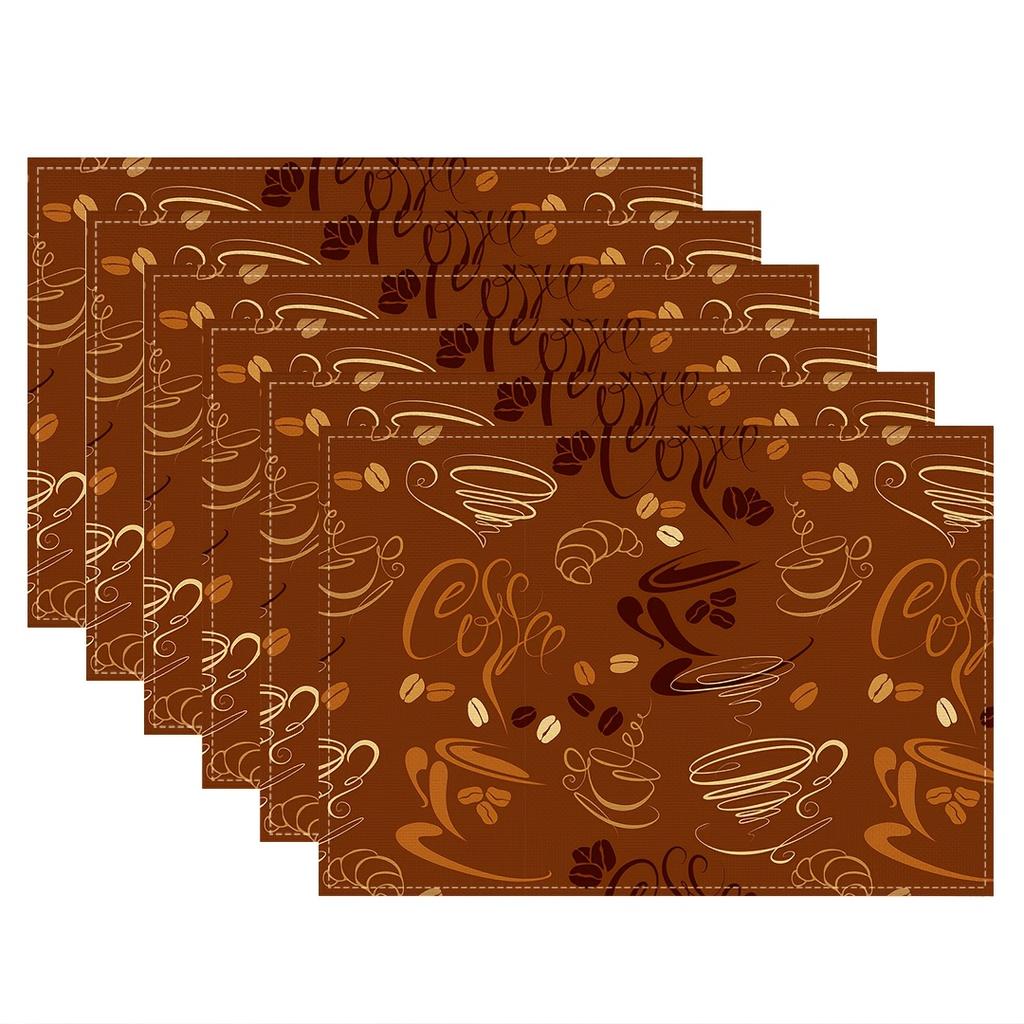 4pcs Coffee Placemats – Brown Background with Cup, Bean & Croissant Print, Washable Polyester Table Mats for Dining Kitchen