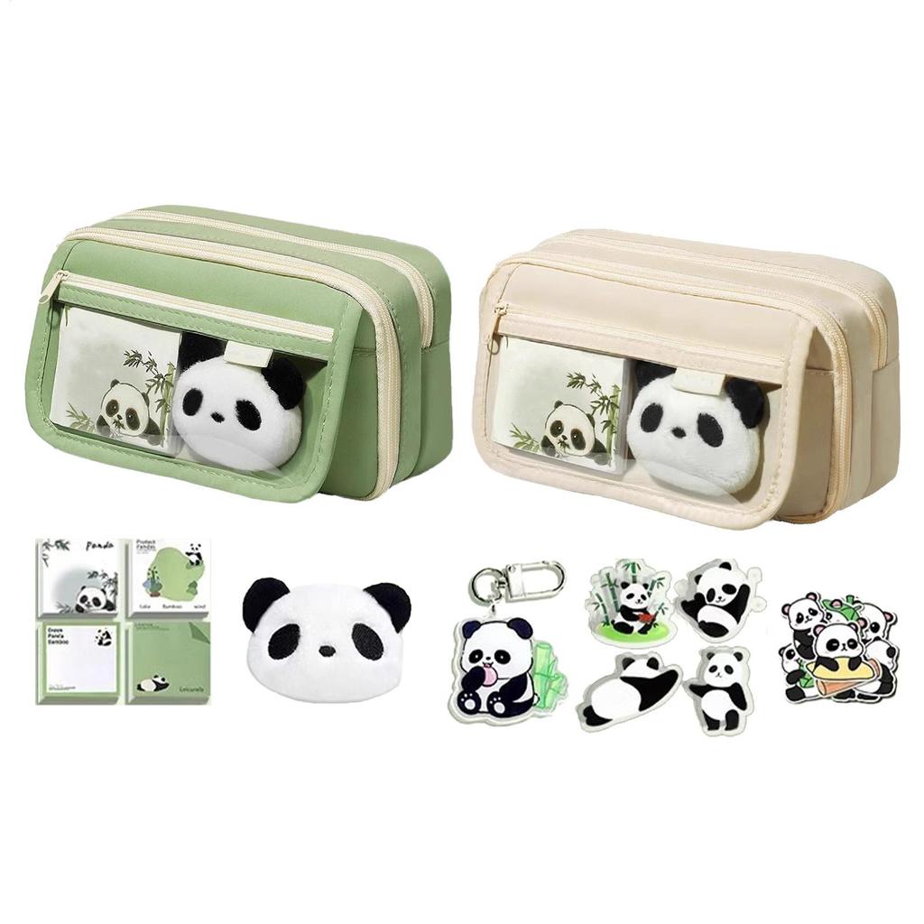 Cute Pencil Case Large Capacity Pencil Bag Panda  Cartoon Stationery Holder Bag With Brooches Stickers Clips Keychains  Pen Case