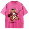 Unisex Vintage Cute Bear Guitar Valentine Washed T-Shirt Casual Loose Short Sleeve Round Neck Cotton Tees Clothings