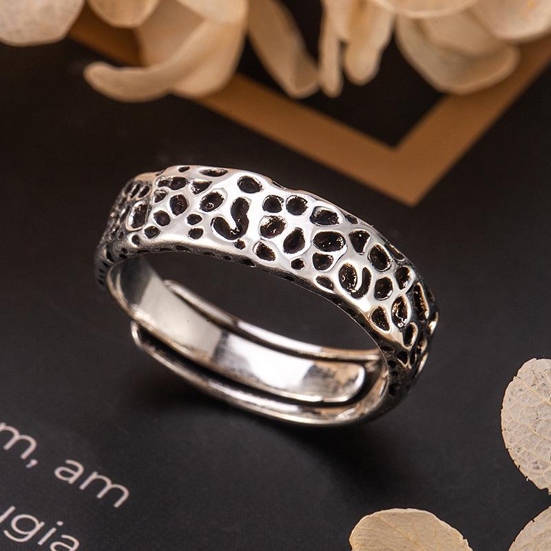 S925 Sterling Silver Meteorite Pattern Adjustable Ring - Unisex Retro, Cold Style, Hip Hop, Thai Silver.