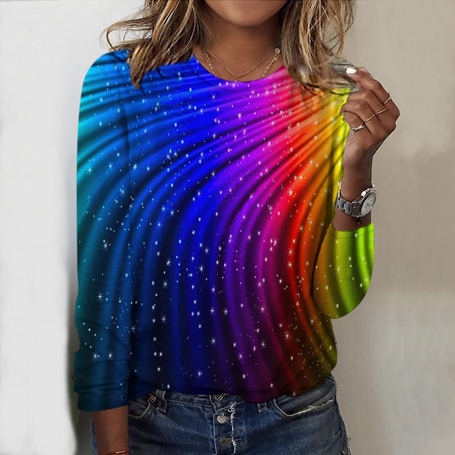 

Топы для женщин с принтом 3D Rainbow Lines, круглый вырез, длинный рукав, футболка, осенний повседневный тонкий пуловер, женский топ с длинным рукавом XS розовый