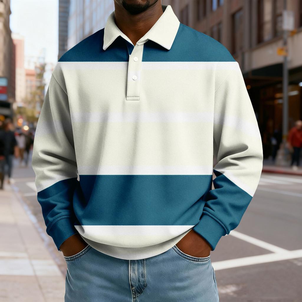 Men's Casual Loose Colorblock Print Lapel Button Long Sleeve Top