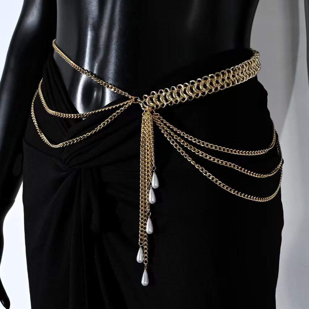 European-American Fashion Multi-layer Alloy Waist Chain with Faux Pearl & Seashell Accents