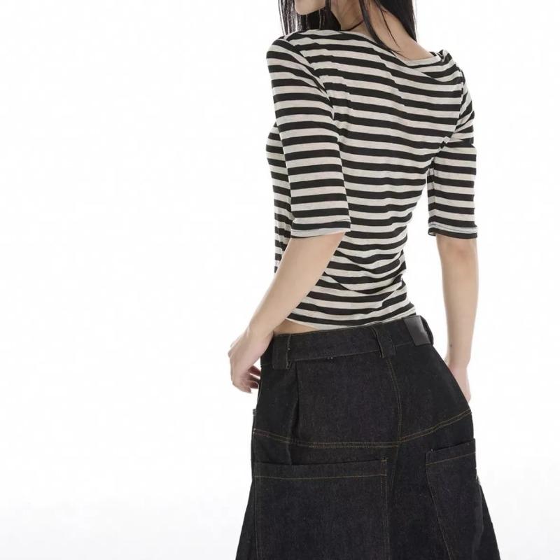 Women Striped U Neck Half Sleeve Slim Fit T Shirt
