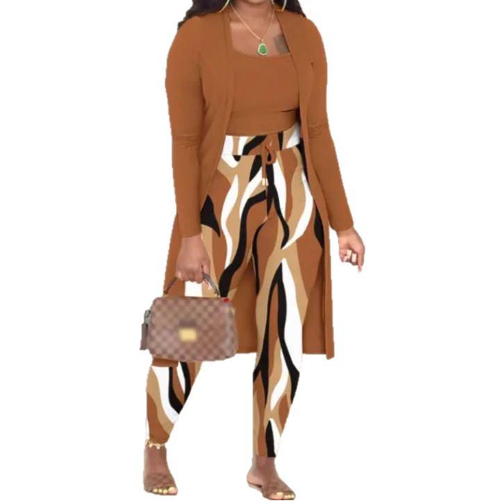 Autumn Winter Women's Printed Coat and Trousers Three-Piece Set