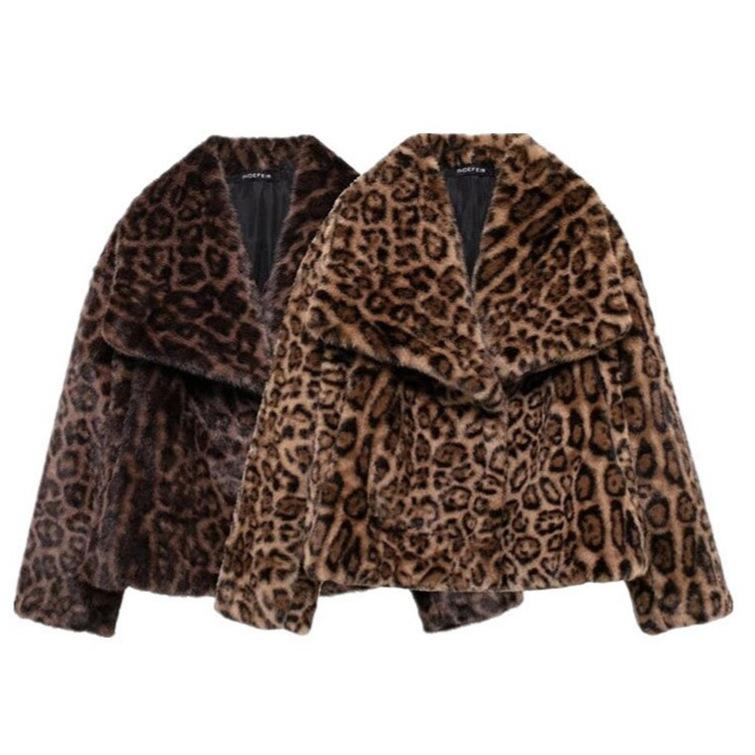 Vintage European and American style large lapel collar mink hair jacket female leopard print large lapel imitation fur coat casual < unk >