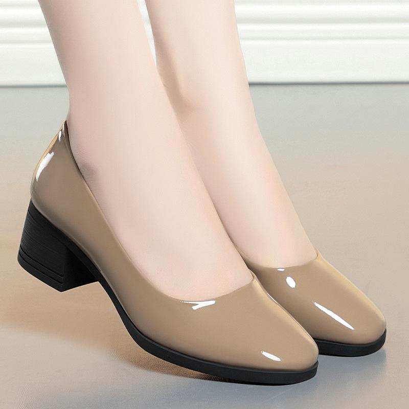 Bright Leather French Evening Breeze Gentle Shoes Mid-heel with Skirt Nude Single Shoes, New Spring and Summer Square Head Small Leather Shoes